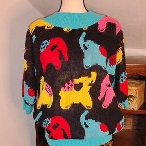 Vintage Elephant Sweater Crazy Colorful By Great American Sweater Slouchy Style